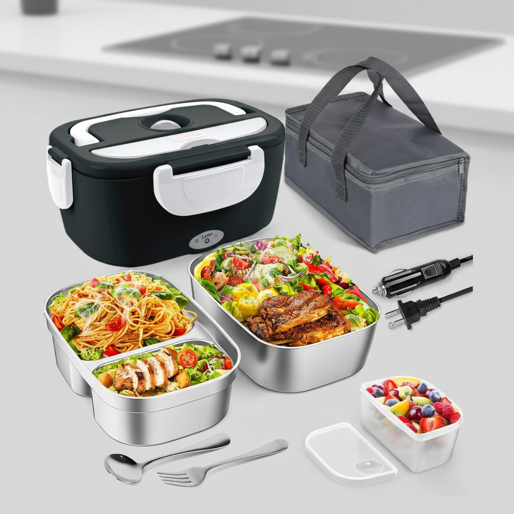 Fast-Heating Electric Lunch Box β Dual Stainless Containers, 60W Portable Food Warmer