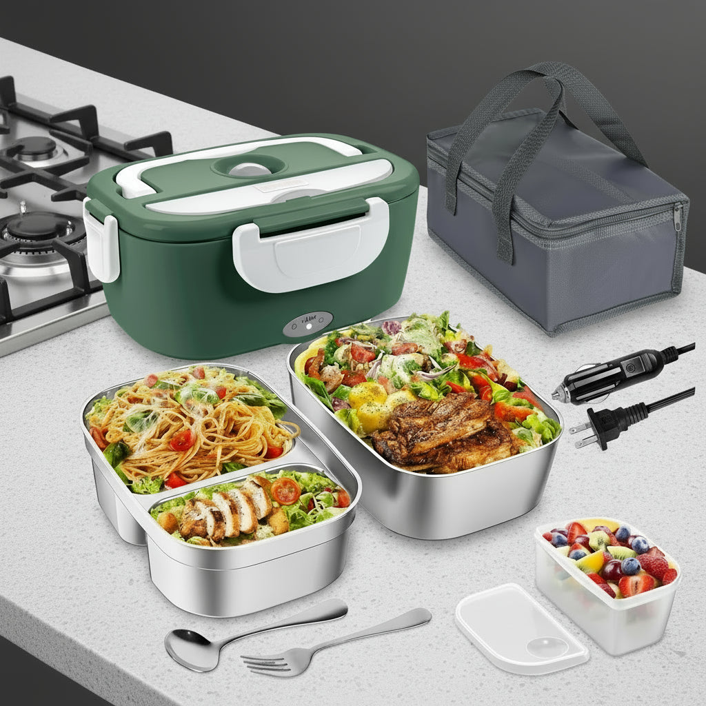 Fast-Heating Electric Lunch Box – Dual Stainless Containers, 60W Portable Food Warmer