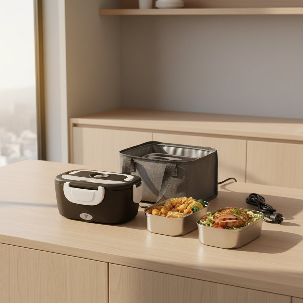 Fast-Heating Electric Lunch Box – Dual Stainless Containers, 60W Portable Food Warmer