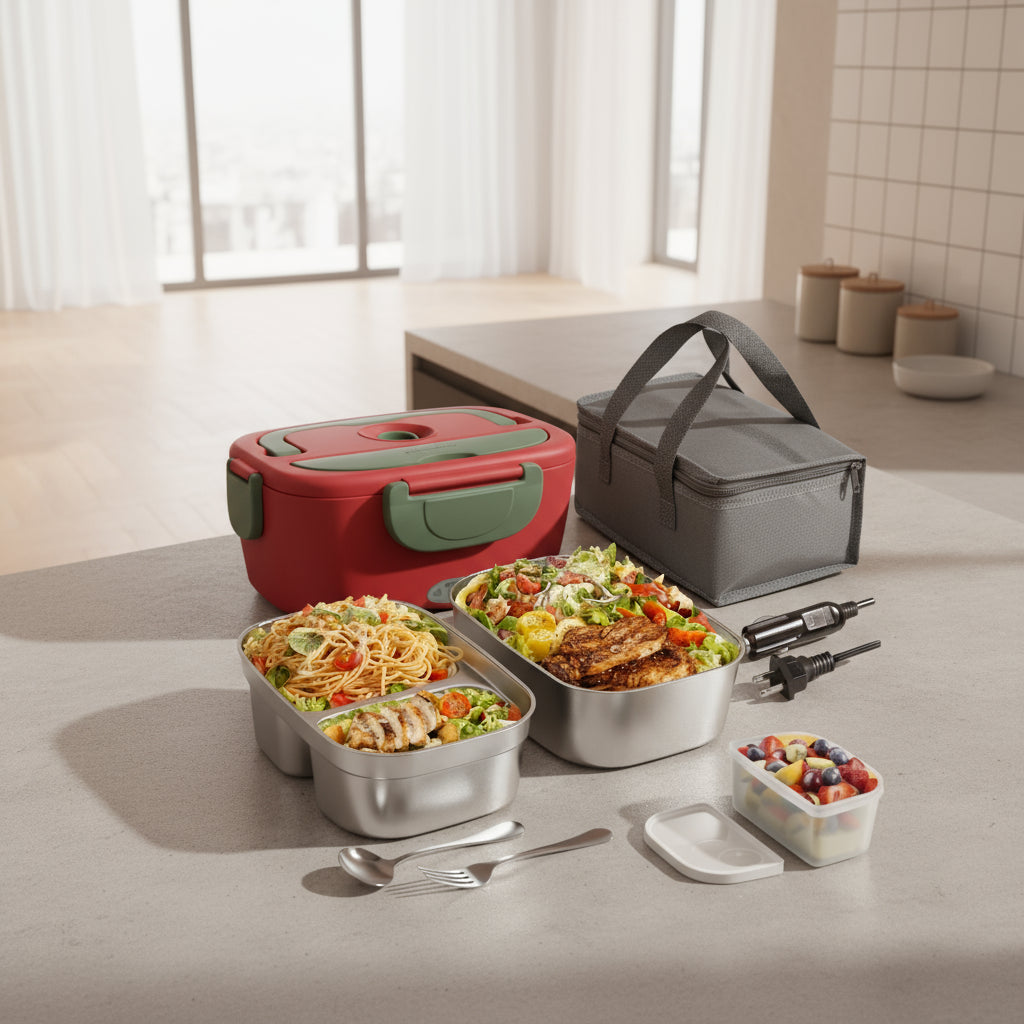 Fast-Heating Electric Lunch Box – Dual Stainless Containers, 60W Portable Food Warmer