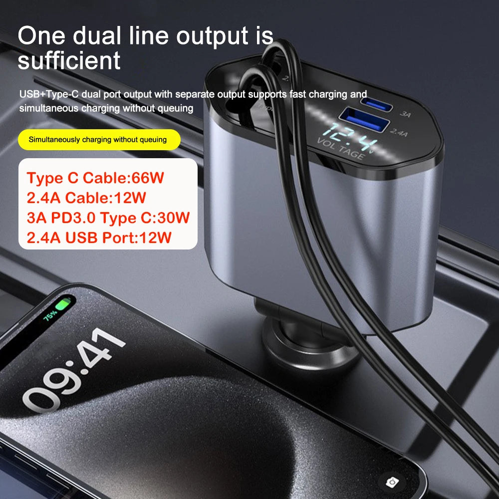UltraFast Car Charger – 4-Port USB/USB-C with LED Display