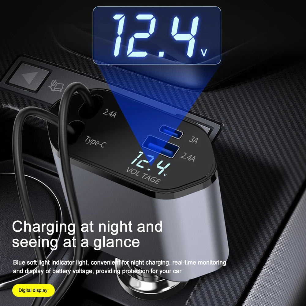 UltraFast Car Charger – 4-Port USB/USB-C with LED Display