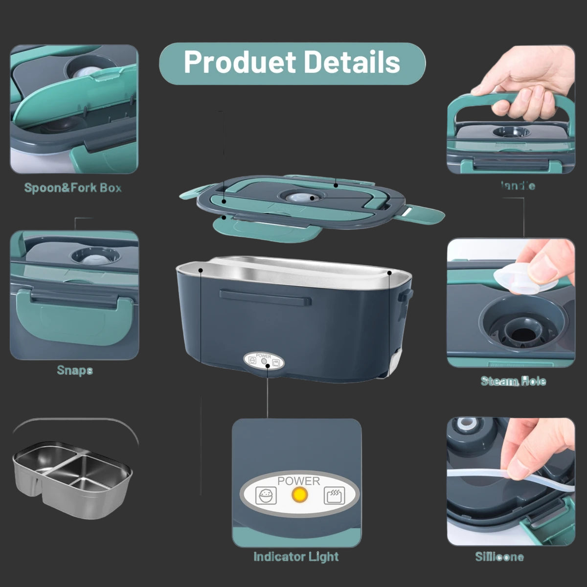 Fast-Heating Electric Lunch Box – Dual Stainless Containers, 60W Portable Food Warmer