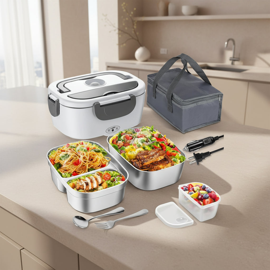 Fast-Heating Electric Lunch Box – Dual Stainless Containers, 60W Portable Food Warmer